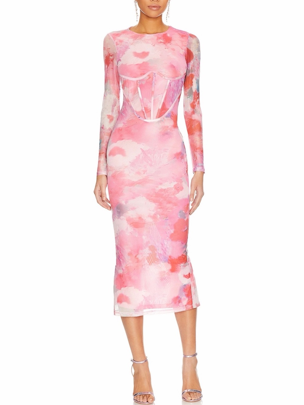 NWT REVOLVE Lena Mesh Bodycon Midi Dress - Pink/Coral